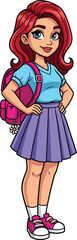 Cute cartoon schoolgirl standing confidently with backpack, stylish student character in skirt and sneakers, education illustration for learning, studying and school themes