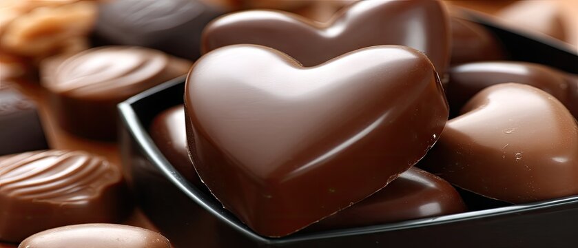 Close-up of heart-shaped chocolates in an elegant black box surrounded by assorted chocolates for a romantic Valentine's Day gift
