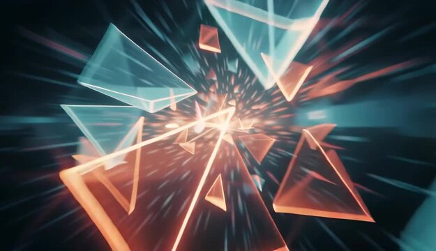 Abstract Triangle Explosion 3D Render, Motion Blur, Futuristic Design