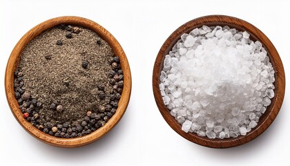 finely ground black peppercorns on left coarse sparkling white sea salt crystals on right against a transparent studio background overhead macro view with soft shadows concept of culinary contrast