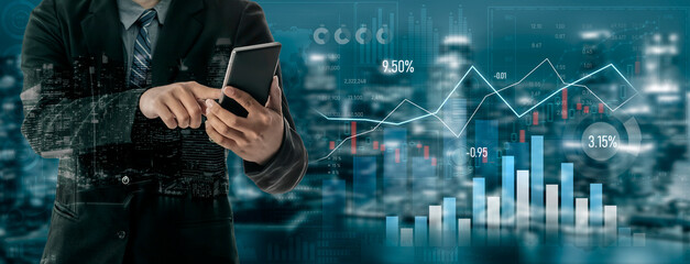 A business professional reviews financial data on a smartphone, surrounded by visual representations of market trends and investment opportunities in a city setting. Scalp