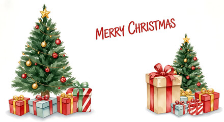 Charming Merry Christmas illustration showcases festive fir trees and beautifully wrapped gifts, evoking holiday cheer. Merry Christmas scene with decorated Christmas tree with star, ornaments,