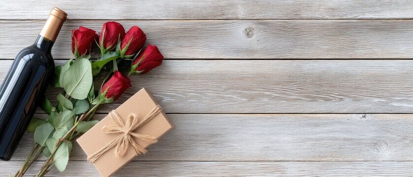 Valentine's Day celebration with red roses, wine, and a gift box on a wooden background for a romantic occasion and party design