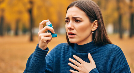 A young woman having a severe asthma attack outdoors during the autumn season, clutching her chest and reaching for her inhaler