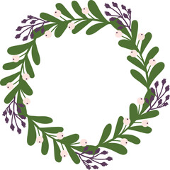 A wreath made of green leaves and purple flowers