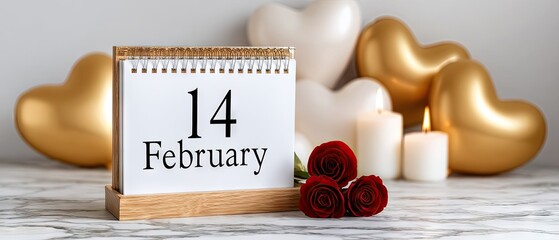 Romantic celebration featuring a wooden calendar marking February 14 with red roses, heart-shaped balloons, and candles for a special Valentine's Day atmosphere