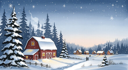 Winter scene shows snowy landscape with barn and pine trees at dusk. Snowy landscape illustration depicts cozy rural scene with snow covered fields, barn, cottages, and pine forest,