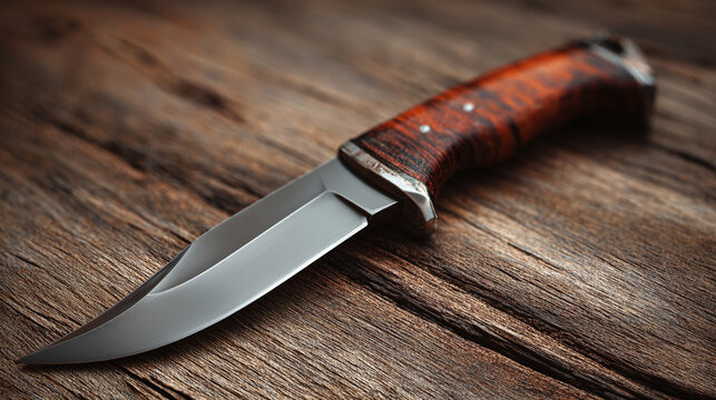 A close-up shot of a hunting knife resting on a wooden surface. The knife features a sharp blade and a wooden handle