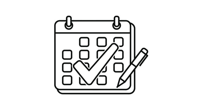 A simple line drawing of a calendar with a checkmark and pen illustration - Powered by Adobe
