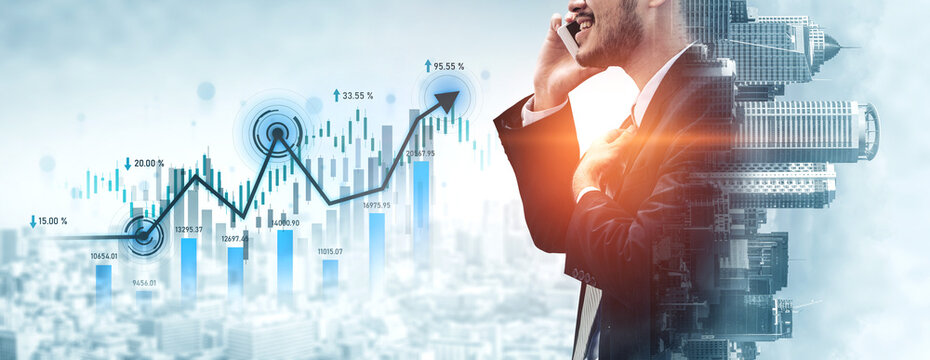 A confident businessman in a suit uses a smartphone, standing beside a financial growth chart that emphasizes progress and success in today competitive market. Scalp