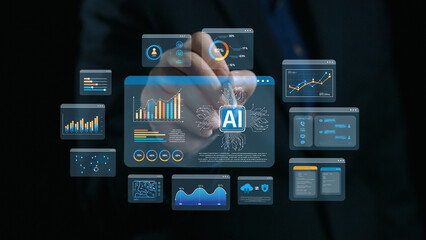 Fototapeta premium AI Assistant Brain Processor with LLM Technology, Big Data, Machine Learning, Generative AI for Business Support, Future Agentic AI Technology and Artificial Intelligence Prompt Engineering. Elide