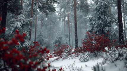 snow-covered pine forest with red berries