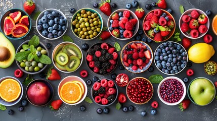 Vibrant and Colorful Assortment of Fresh Fruits and Berries for Healthy Snacks and Breakfast Bowls