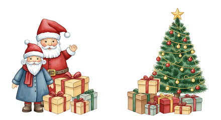 Festive Christmas illustration shows Santa Claus and Christmas tree with star on white backdrop.