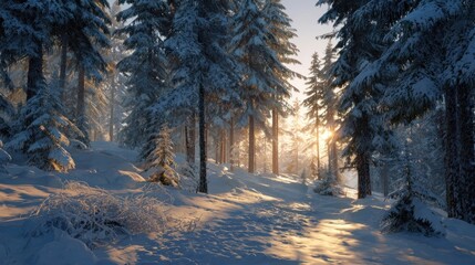 snow-covered pine tree forest with sunrise glow,