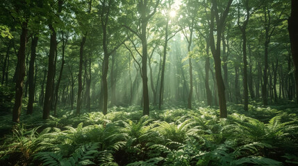Obraz premium A lush, green forest, with sunlight filters through its dense canopy