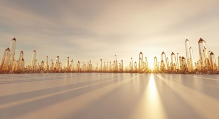 Polished crystal fragments form spectacular golden shards aligned along a clean horizon line glowing with brilliant champagne highlights and shimmering beams. Abstract modern concept