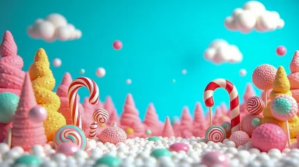 Fototapete Türkis A whimsical, surreal landscape featuring a candy-themed environment under a bright blue sky  © Adrian Grosu