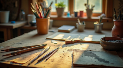Old worn-out drawing tools including pencils, charcoal, and paintbrushes, scattered on a weathered wooden table in a cluttered artist studio
