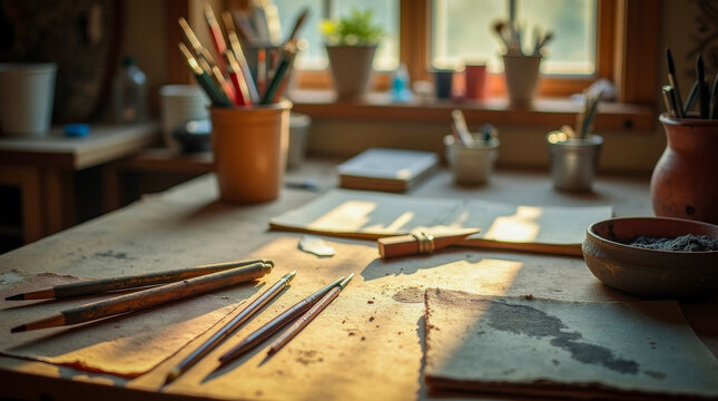 Old worn-out drawing tools including pencils, charcoal, and paintbrushes, scattered on a weathered wooden table in a cluttered artist studio