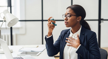 A young African American businesswoman having an asthma attack in the office, using a medical inhaler for relief while holding her chest