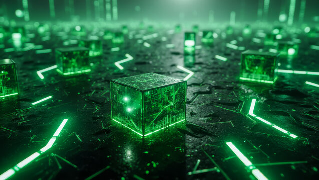 An interconnected cybernetic landscape, with luminous green cubes and glowing pathways