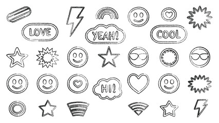 Fototapeta premium Set of grunge stamp style emojis, words, and shapes isolated on white background