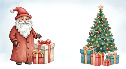 Christmas scene showing Santa Claus beside gifts near Christmas tree. Christmas scene featuring a festive evergreen decorated with ornaments and lights, plus wrapped presents.