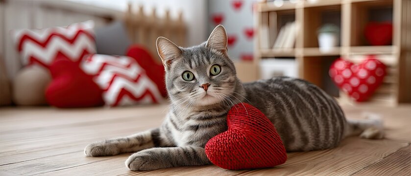 Cute cat with green eyes holding a red knitted heart on the floor with a hearts pattern background perfect for Valentine's Day - Powered by Adobe