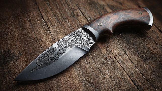An artistic knife with a wooden handle on a wooden surface
