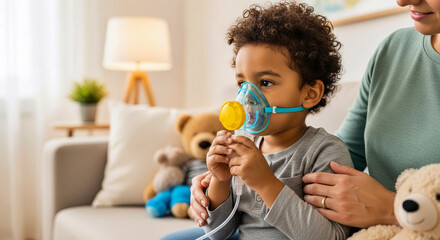 A young boy with curly hair receiving respiratory inhalation therapy using a nebulizer mask at home, supported by his mother. Concept of child asthma and health care