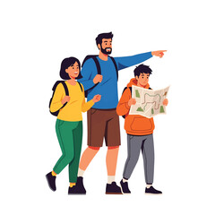 A bearded man guides two backpackers—a woman and a boy—as they read map and stride forward together