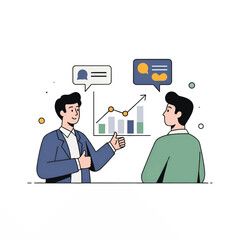 2 professionals discuss a bar-and-line chart amid speech bubbles, illustrating collaborative insight