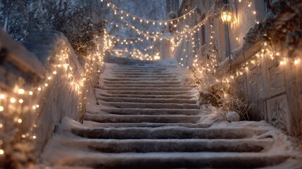 snow-covered stairs with garlands and fairy lights,