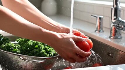 Hands washing fresh produce under running water.