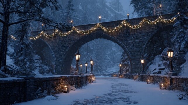 Snow-covered stone bridge with lanterns and holiday garland, - Powered by Adobe