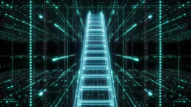 Ascending a glowing digital ladder through a futuristic matrix of data and technology