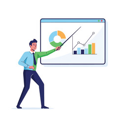 A business presenter in a green shirt points to a large screen showing a donut, bar and line charts