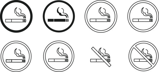 Various no smoking signs and cigarette icons in black and white styles
