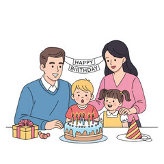 A cheerful family of four gathers around a birthday cake with candles, banner, and presents.  Nearby