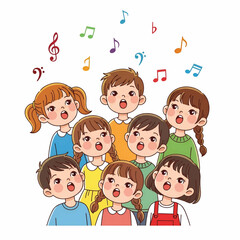A cheerful group of children sings together, colorful musical notes float above their faces today!!