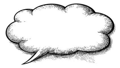 A hand-drawn comic-style speech bubble with a textured sketch outline and crosshatch shading. This detailed black-and-white illustration is ideal for creative messaging, comic dialogue, design element
