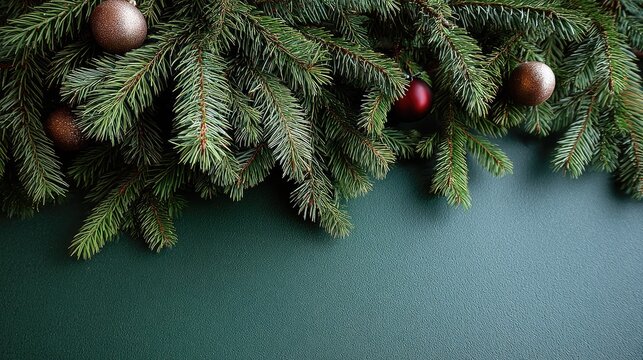 Colorful decorated Christmas tree branches adorned with golden and red baubles on a green background, perfect for New Year's card designs - Powered by Adobe