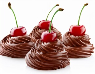 four distinct chocolate whipped cream dollops elegant swirls airy peaks one with two vibrant red cherries and green stems isolated on white background concept for culinary advertising