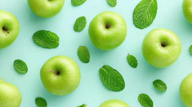 A Vibrant Arrangement of Fresh Green Apples Surrounded by Fresh Mint Leaves on a Soft Pastel Background for an Inviting and Refreshing Visual Experience
