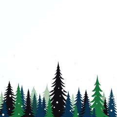 Obraz premium Stylized illustration of a winter forest with various green and dark pine trees against a white snowy background, creating a serene natural scene.