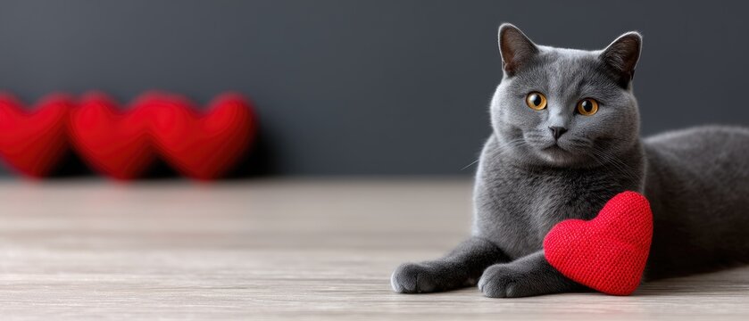Cat sits calmly on the floor with a red knitted heart in front of a grey background adorned with hearts for a Valentine's Day theme