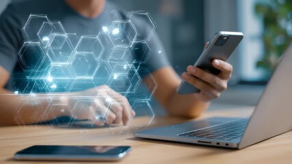 Virtual interface enhances productivity as a person engages with a laptop and smartphone in a modern workspace, showcasing the blend of technology and daily tasks - Powered by Adobe