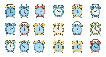Collection of colorful flat design alarm clock icons showing different times. Vector illustration set for time management and morning concepts