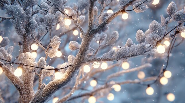snow-covered tree decorated with glowing bulbs,